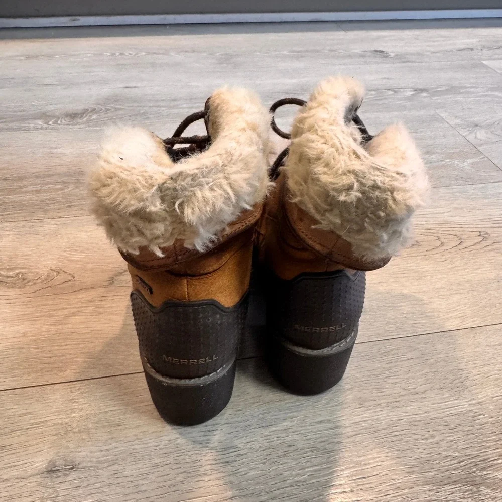 Merrell Chateau Mid Lace Fur Lined Lace Up Boots Brown Women US 7 Brown Oak‎